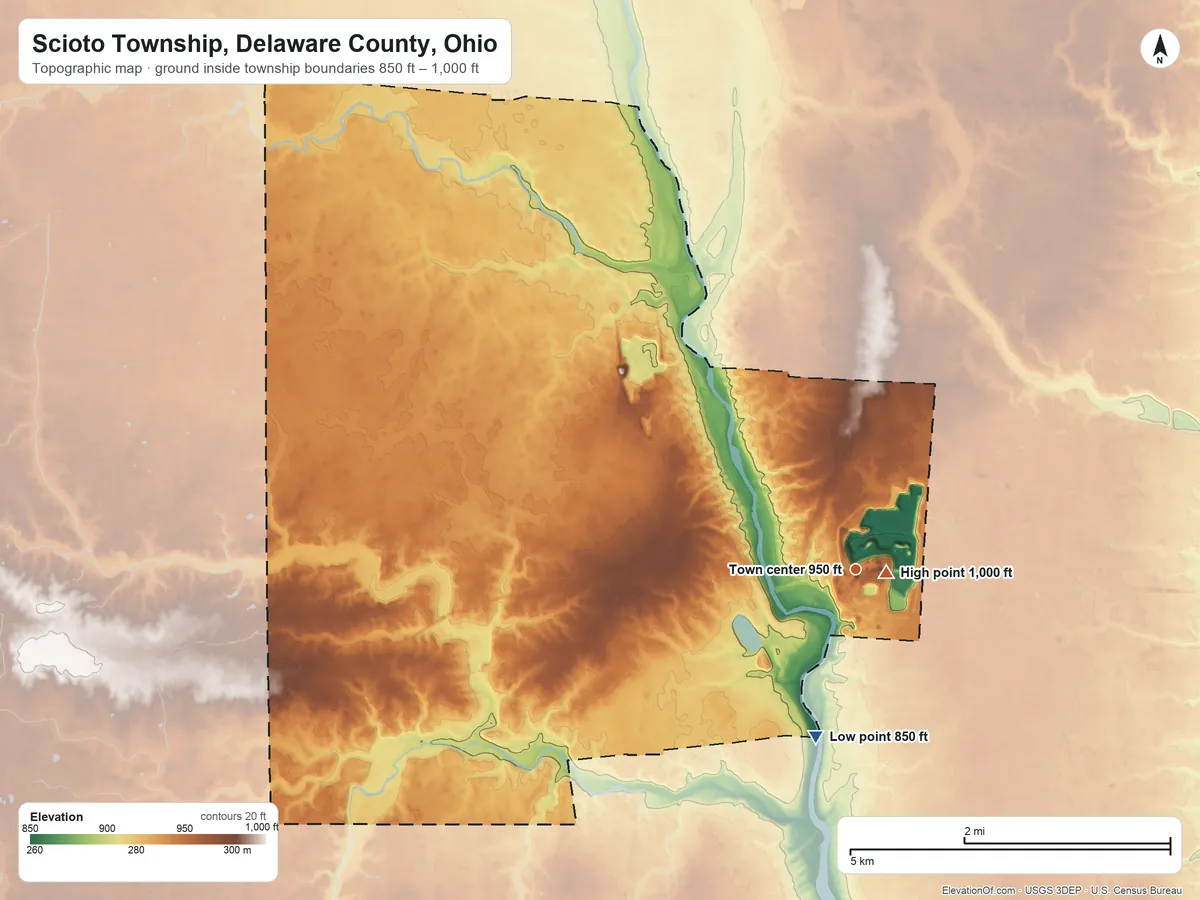 Topographic elevation map of Scioto Township, Delaware County, Ohio, shaded from 850 ft on the south side to 1,000 ft near the middle
