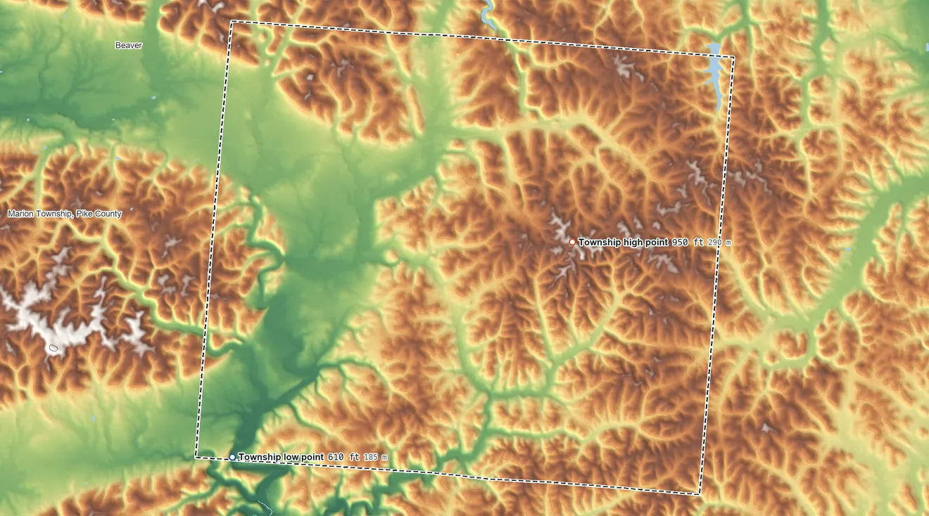 Topographic elevation map of Scioto Township, Jackson County, Ohio, shaded from 610 ft on the southwest side to 950 ft on the east side