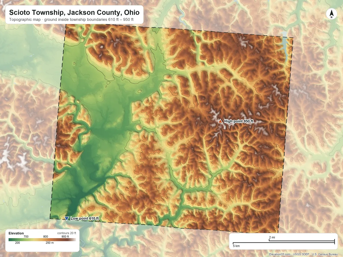 Topographic elevation map of Scioto Township, Jackson County, Ohio, shaded from 610 ft on the southwest side to 950 ft on the east side