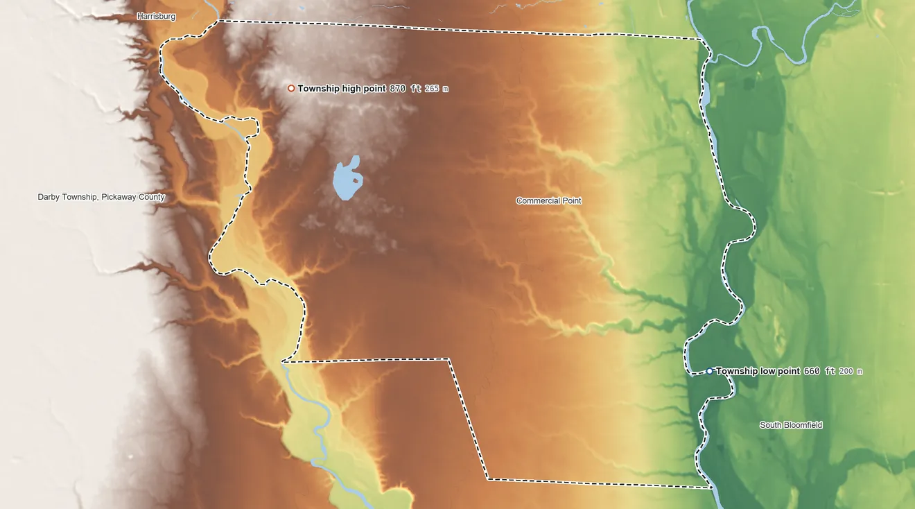 Topographic elevation map of Scioto Township, Pickaway County, Ohio, shaded from 660 ft on the southeast side to 870 ft on the west side