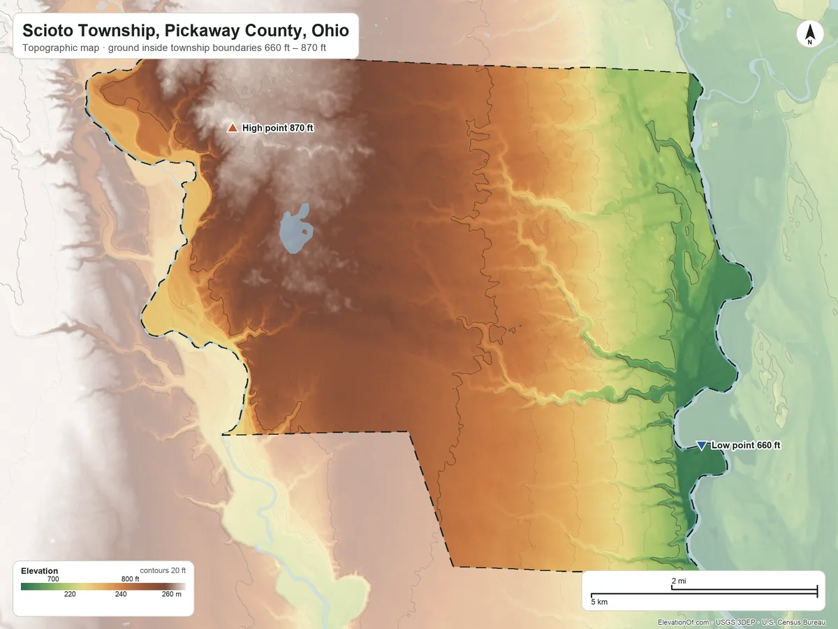 Topographic elevation map of Scioto Township, Pickaway County, Ohio, shaded from 660 ft on the southeast side to 870 ft on the west side
