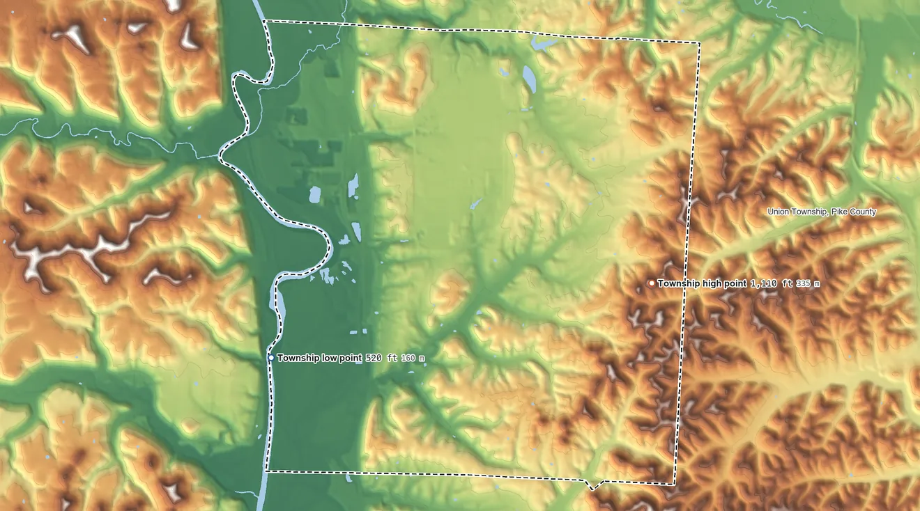 Topographic elevation map of Scioto Township, Pike County, Ohio, shaded from 520 ft on the west side to 1,110 ft on the east side