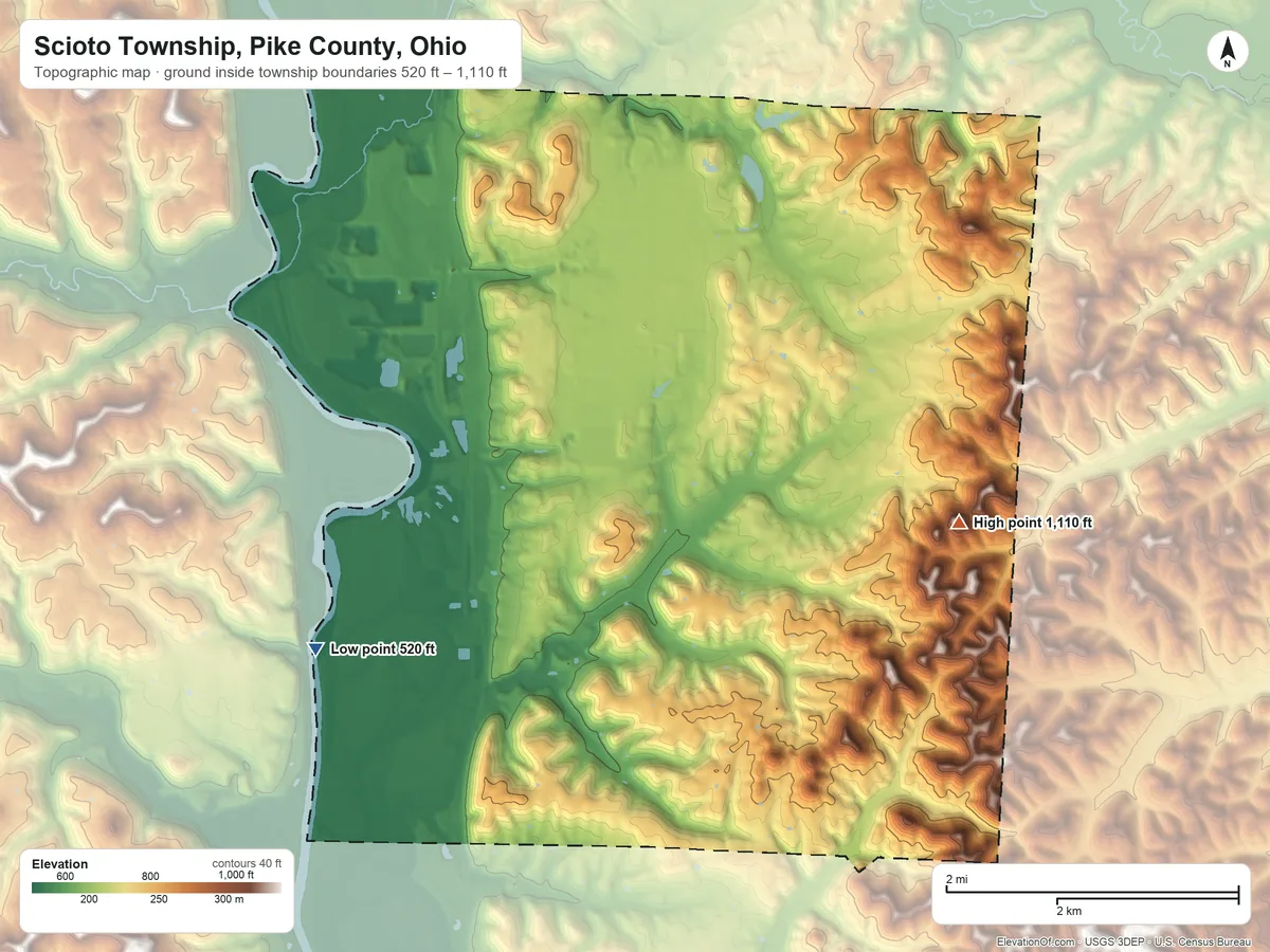 Topographic elevation map of Scioto Township, Pike County, Ohio, shaded from 520 ft on the west side to 1,110 ft on the east side