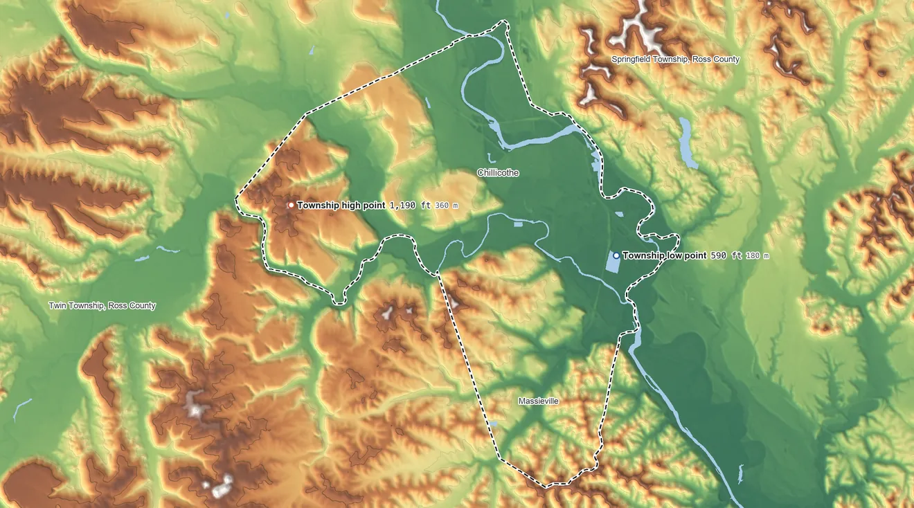 Topographic elevation map of Scioto Township, Ohio, shaded from 590 ft on the southeast side to 1,190 ft on the west side