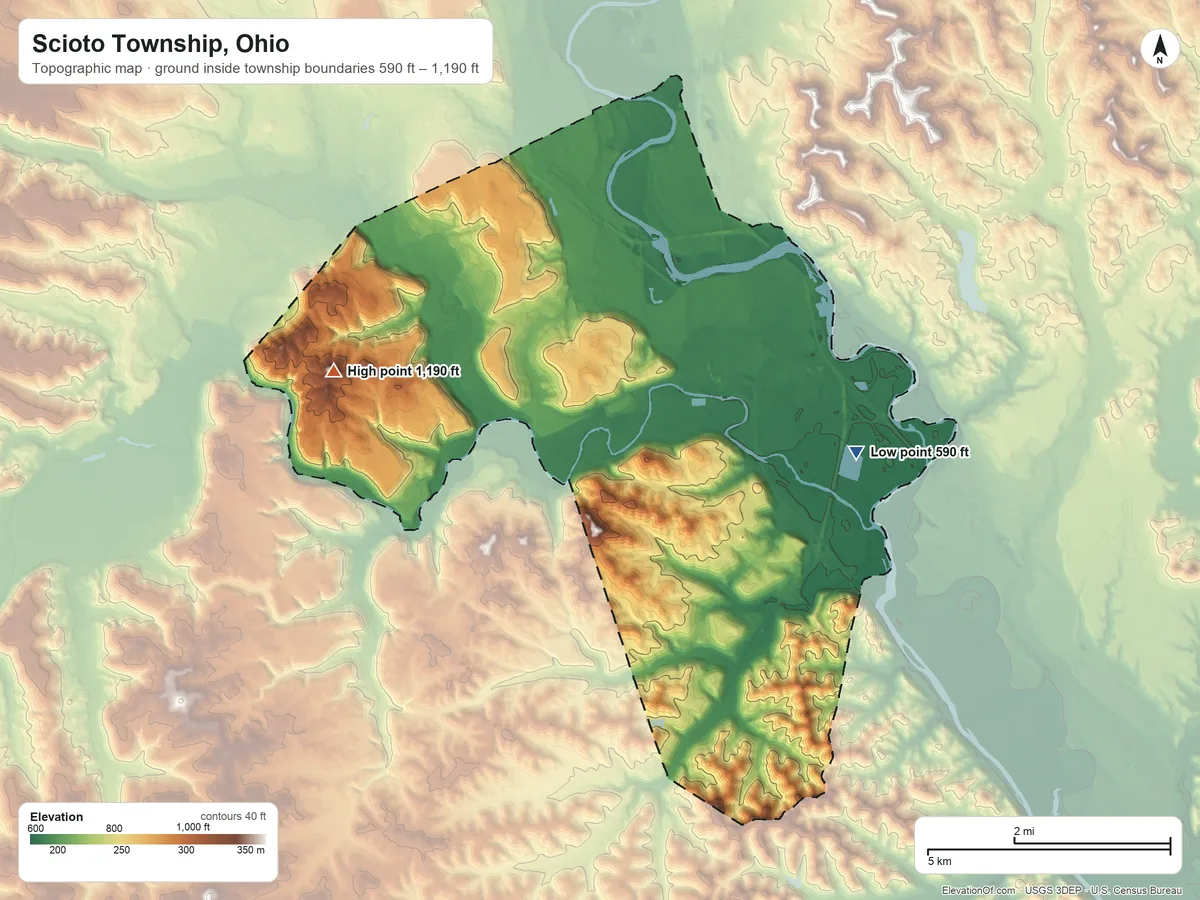 Topographic elevation map of Scioto Township, Ohio, shaded from 590 ft on the southeast side to 1,190 ft on the west side
