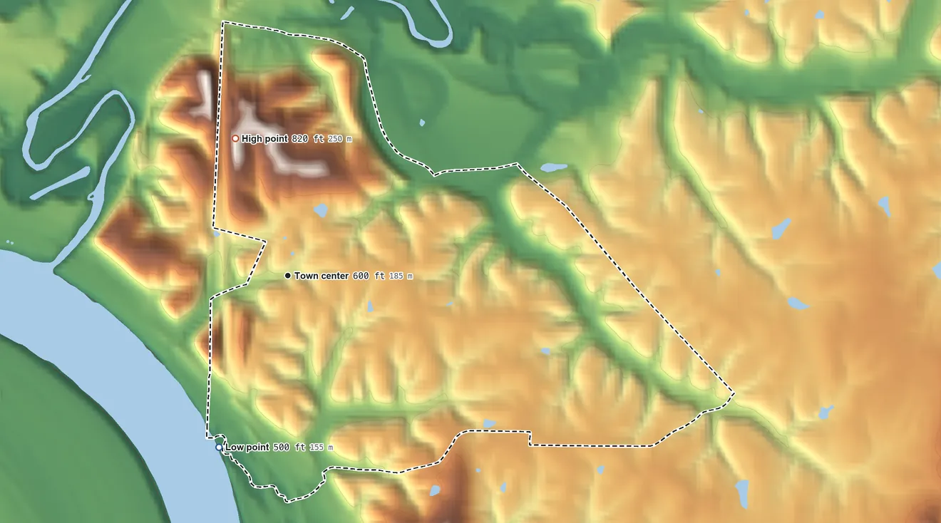 Topographic elevation map of Sciotodale, Ohio, shaded from 500 ft on the south side to 820 ft on the north side