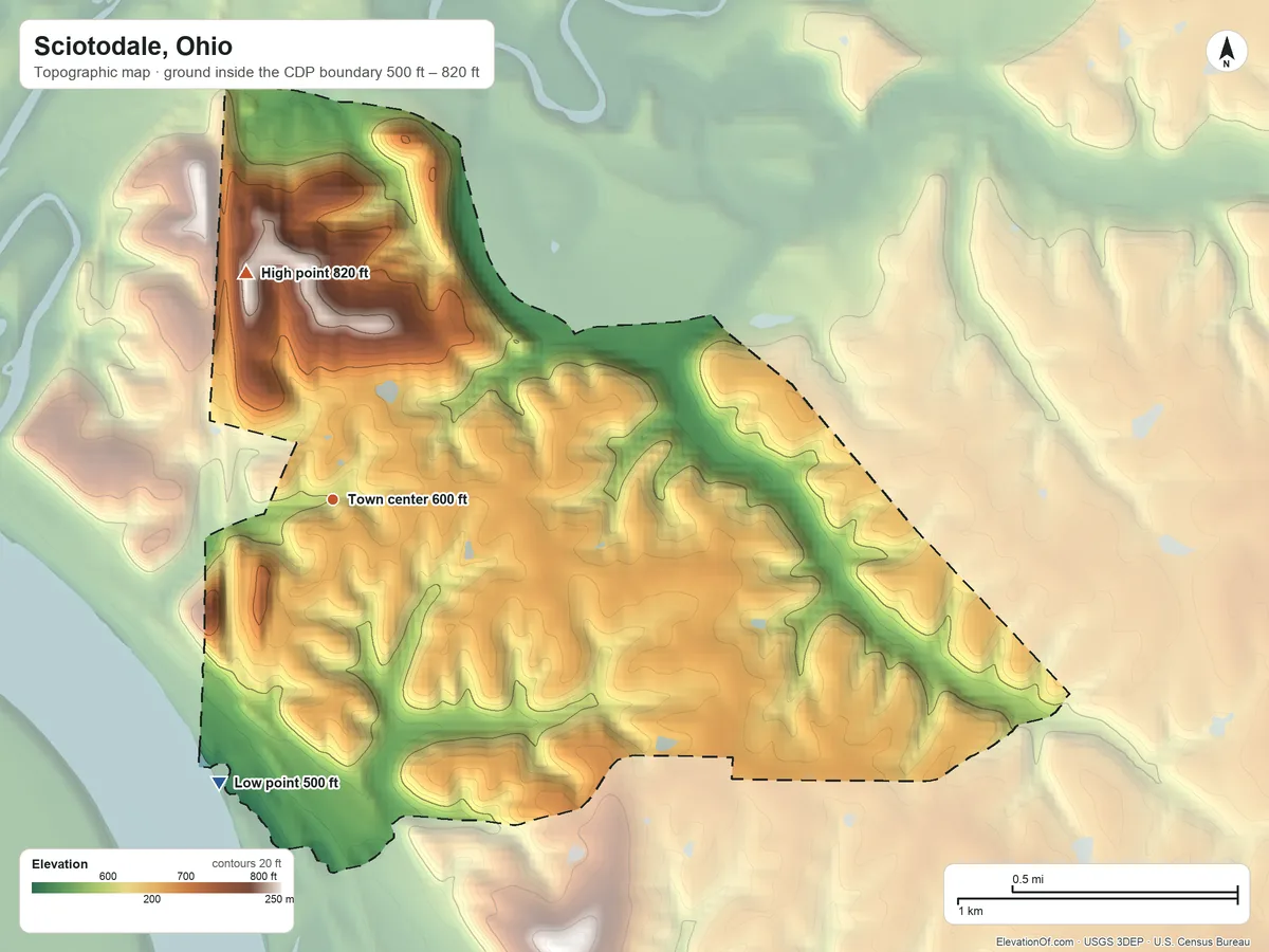 Topographic elevation map of Sciotodale, Ohio, shaded from 500 ft on the south side to 820 ft on the north side