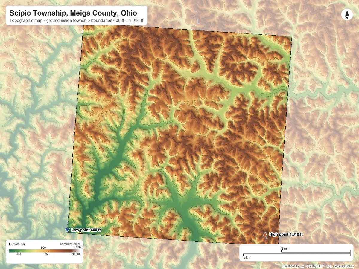 Topographic elevation map of Scipio Township, Meigs County, Ohio, shaded from 600 ft on the southwest side to 1,010 ft on the southeast side