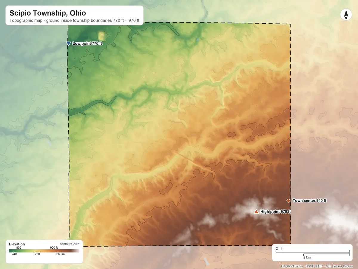 Topographic elevation map of Scipio Township, Ohio, shaded from 770 ft on the northwest side to 970 ft on the west side