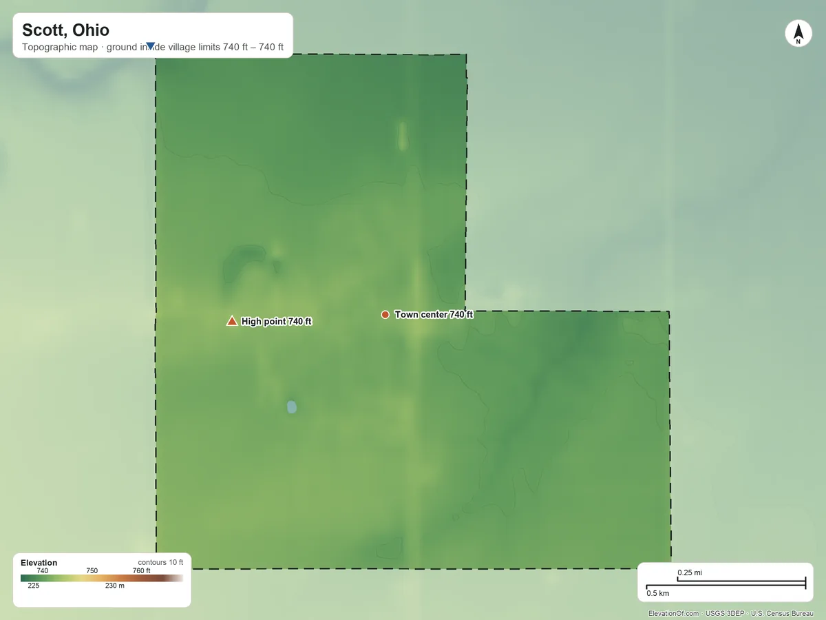 Topographic elevation map of Scott, Ohio, shaded from 740 ft on the northwest side to 740 ft on the west side