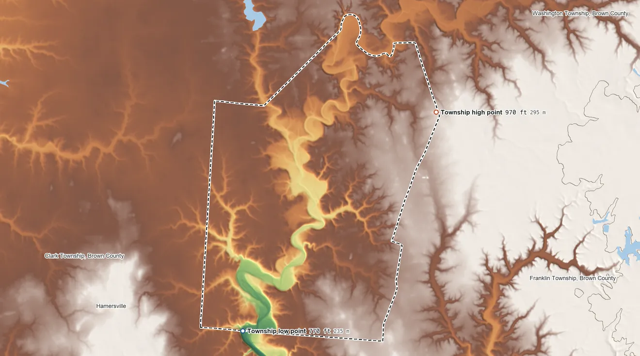 Topographic elevation map of Scott Township, Brown County, Ohio, shaded from 770 ft on the south side to 970 ft on the northeast side