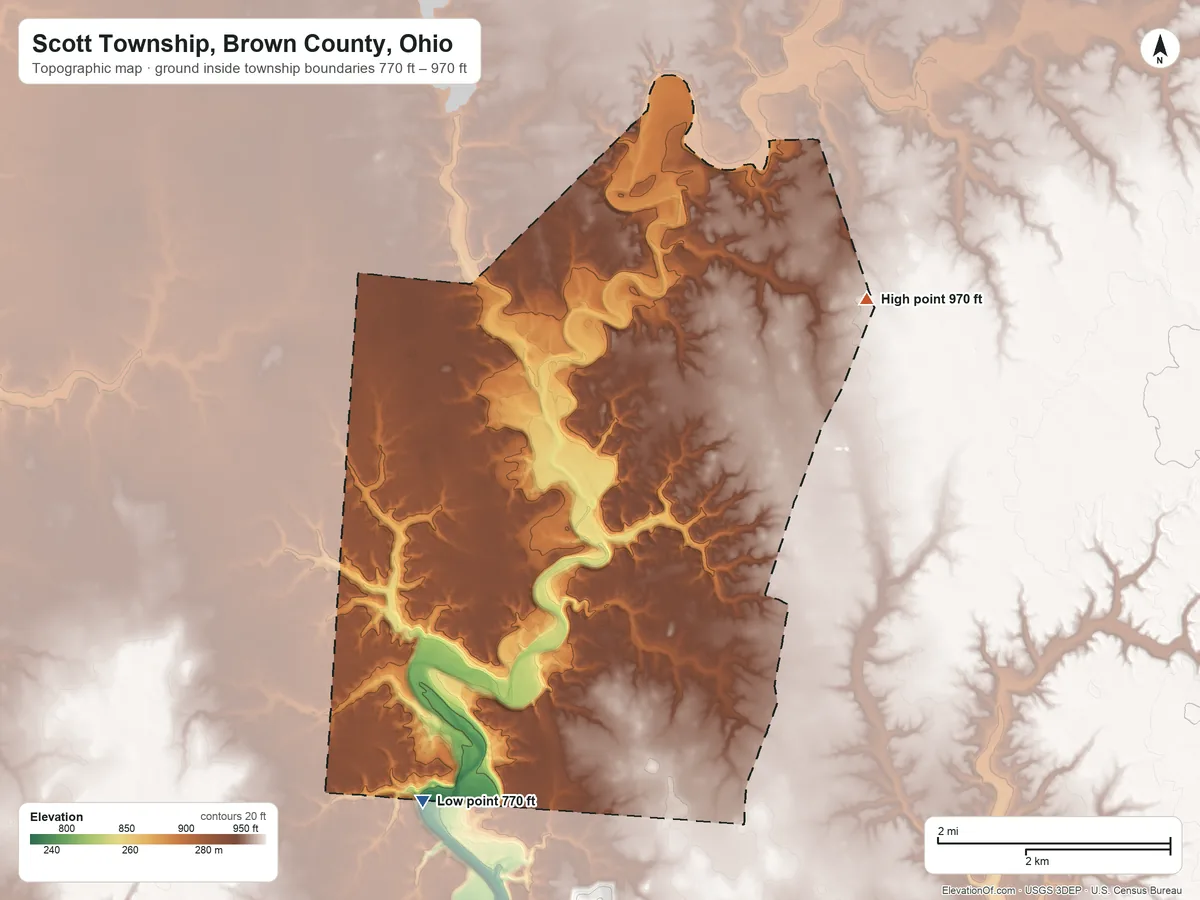 Topographic elevation map of Scott Township, Brown County, Ohio, shaded from 770 ft on the south side to 970 ft on the northeast side