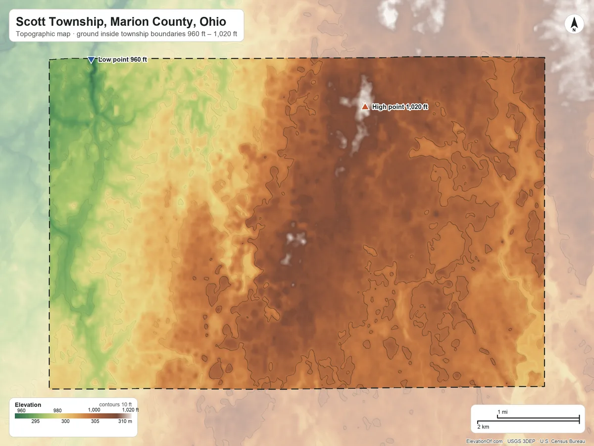 Topographic elevation map of Scott Township, Marion County, Ohio, shaded from 960 ft on the northwest side to 1,020 ft on the north side