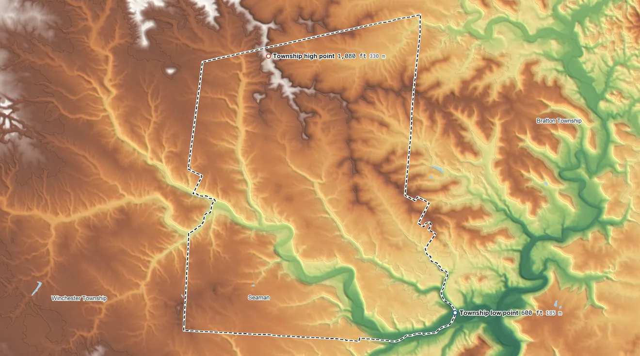 Topographic elevation map of Scott Township, Ohio, shaded from 600 ft on the southeast side to 1,080 ft on the north side