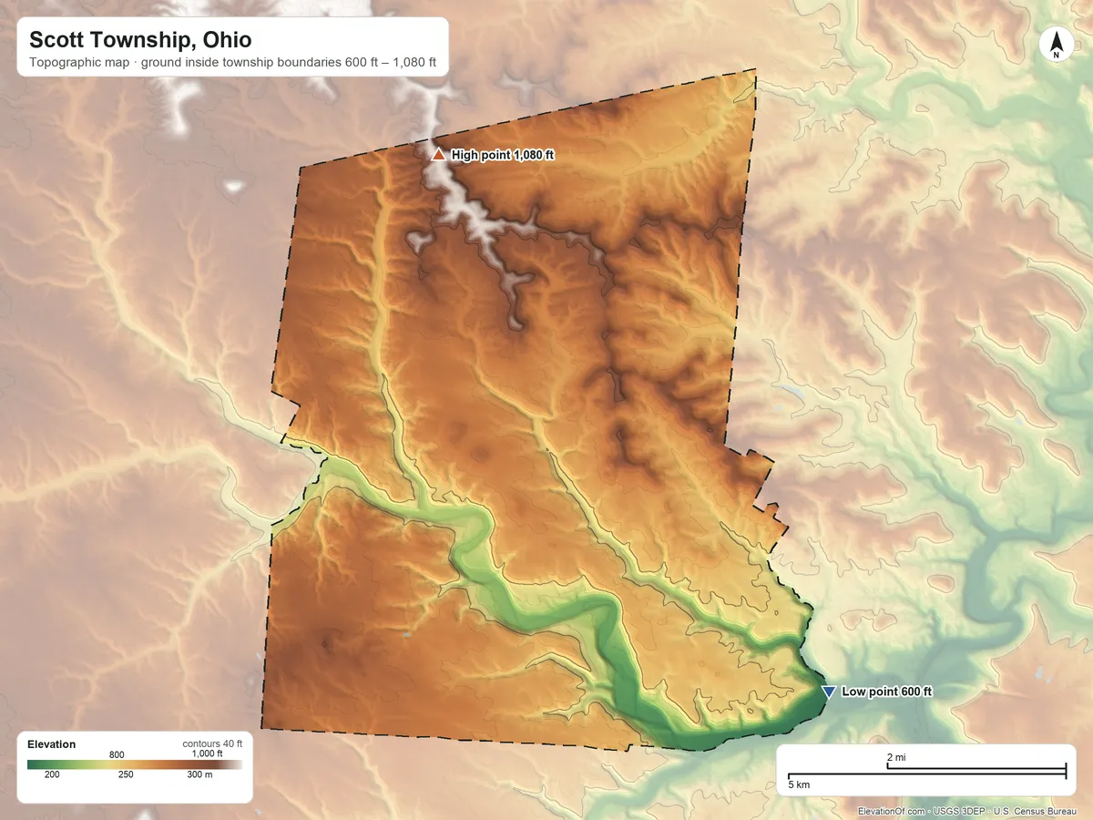 Topographic elevation map of Scott Township, Ohio, shaded from 600 ft on the southeast side to 1,080 ft on the north side
