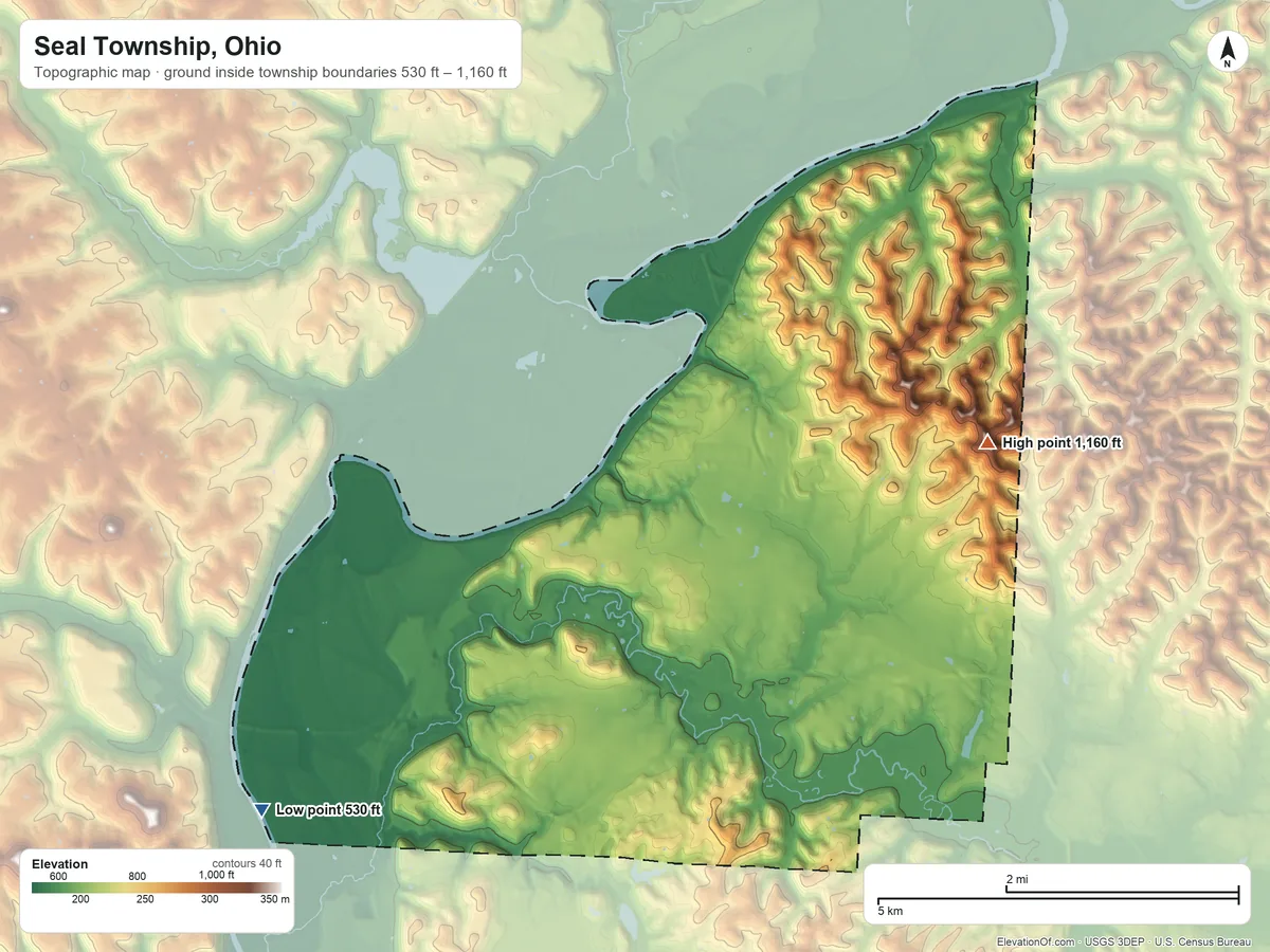 Topographic elevation map of Seal Township, Ohio, shaded from 530 ft on the southwest side to 1,160 ft on the east side