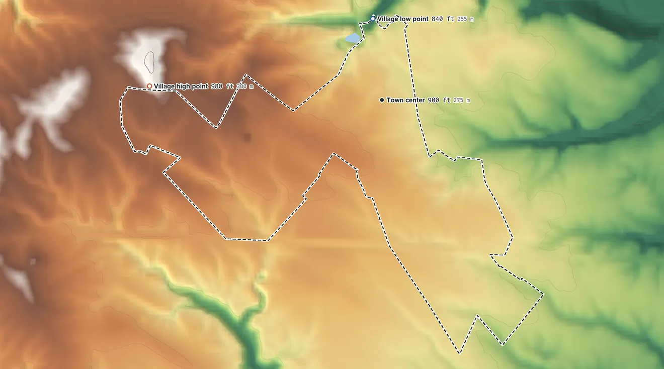 Topographic elevation map of Seaman, Ohio, shaded from 840 ft on the north side to 980 ft on the west side