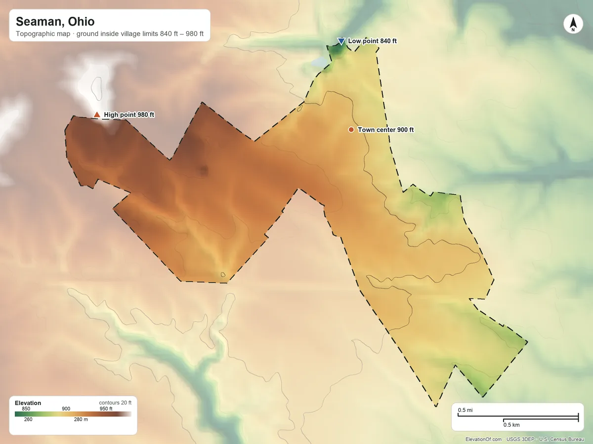 Topographic elevation map of Seaman, Ohio, shaded from 840 ft on the north side to 980 ft on the west side