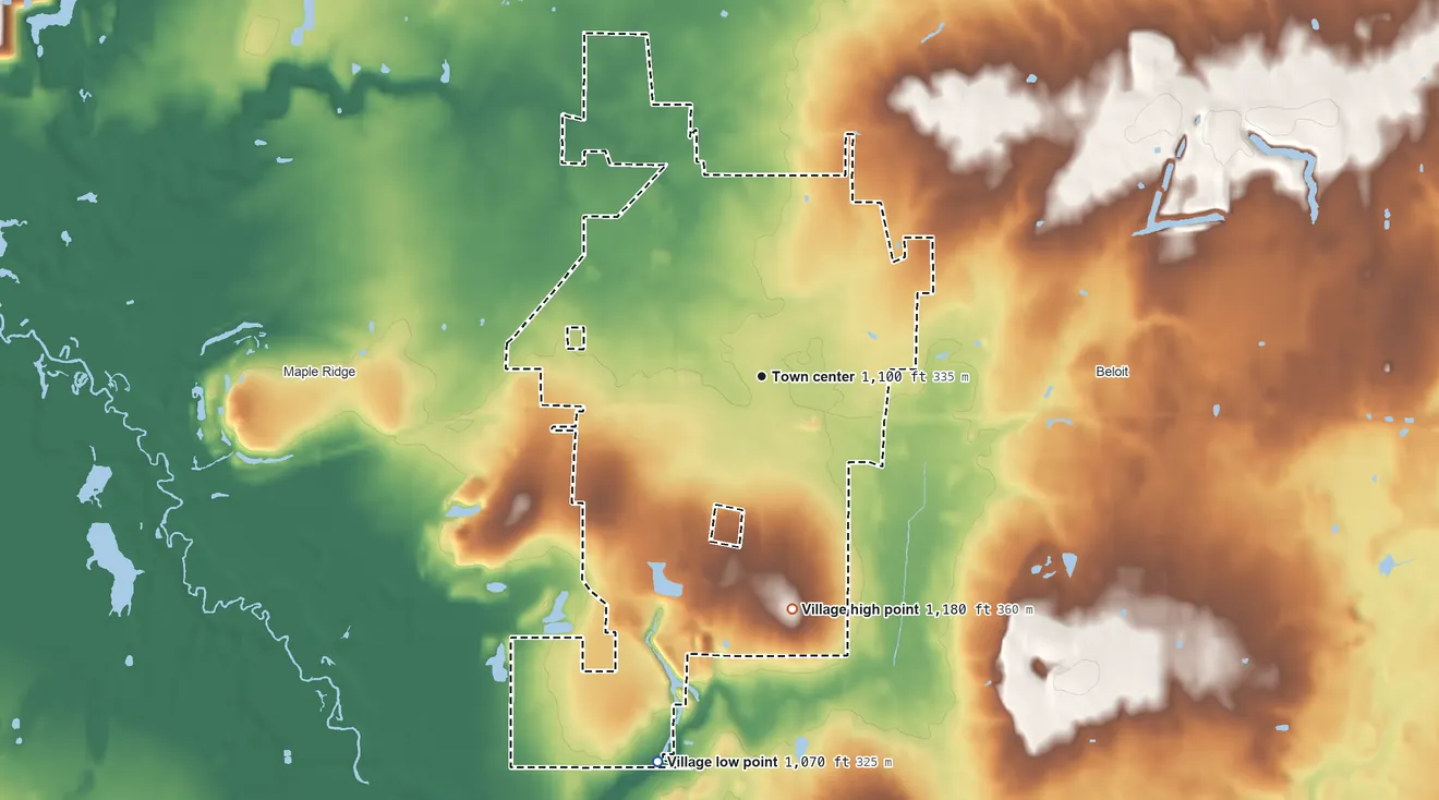 Topographic elevation map of Sebring, Ohio, shaded from 1,070 ft on the south side to 1,180 ft on the south side