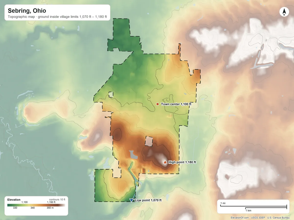 Topographic elevation map of Sebring, Ohio, shaded from 1,070 ft on the south side to 1,180 ft on the south side