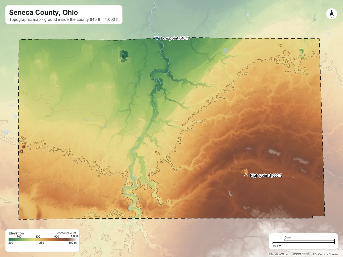 Topographic elevation map of Seneca County, Ohio, shaded from 640 ft on the north side to 1,000 ft on the southeast side