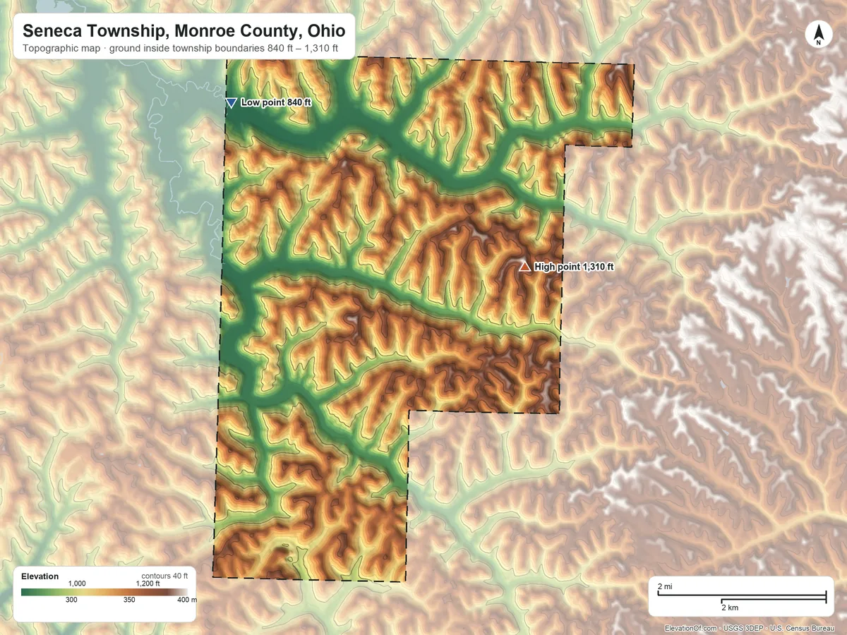 Topographic elevation map of Seneca Township, Monroe County, Ohio, shaded from 840 ft on the northwest side to 1,310 ft on the east side