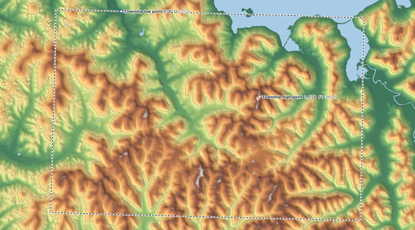 Topographic elevation map of Seneca Township, Noble County, Ohio, shaded from 830 ft on the northwest side to 1,270 ft on the southeast side