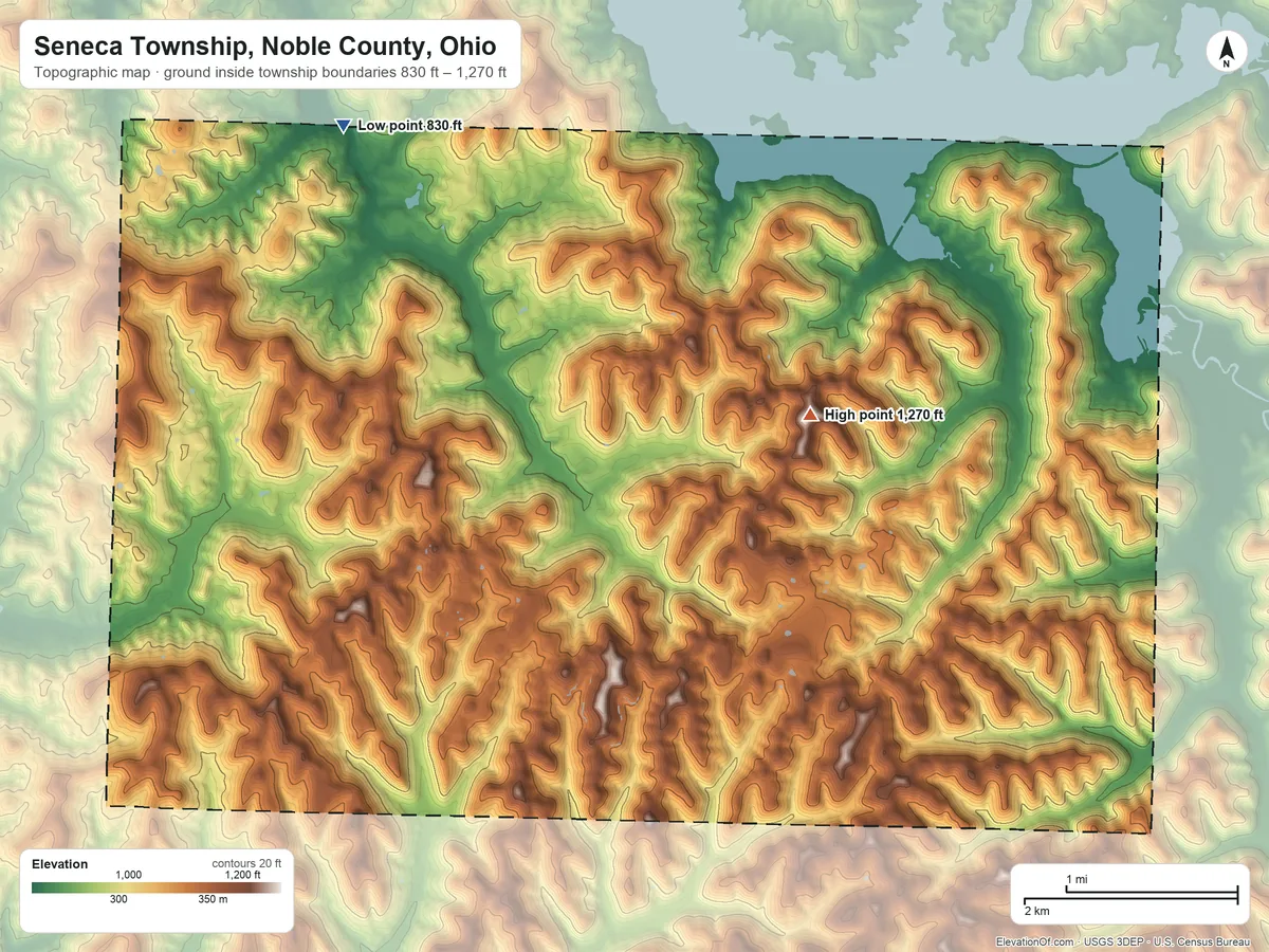 Topographic elevation map of Seneca Township, Noble County, Ohio, shaded from 830 ft on the northwest side to 1,270 ft on the southeast side