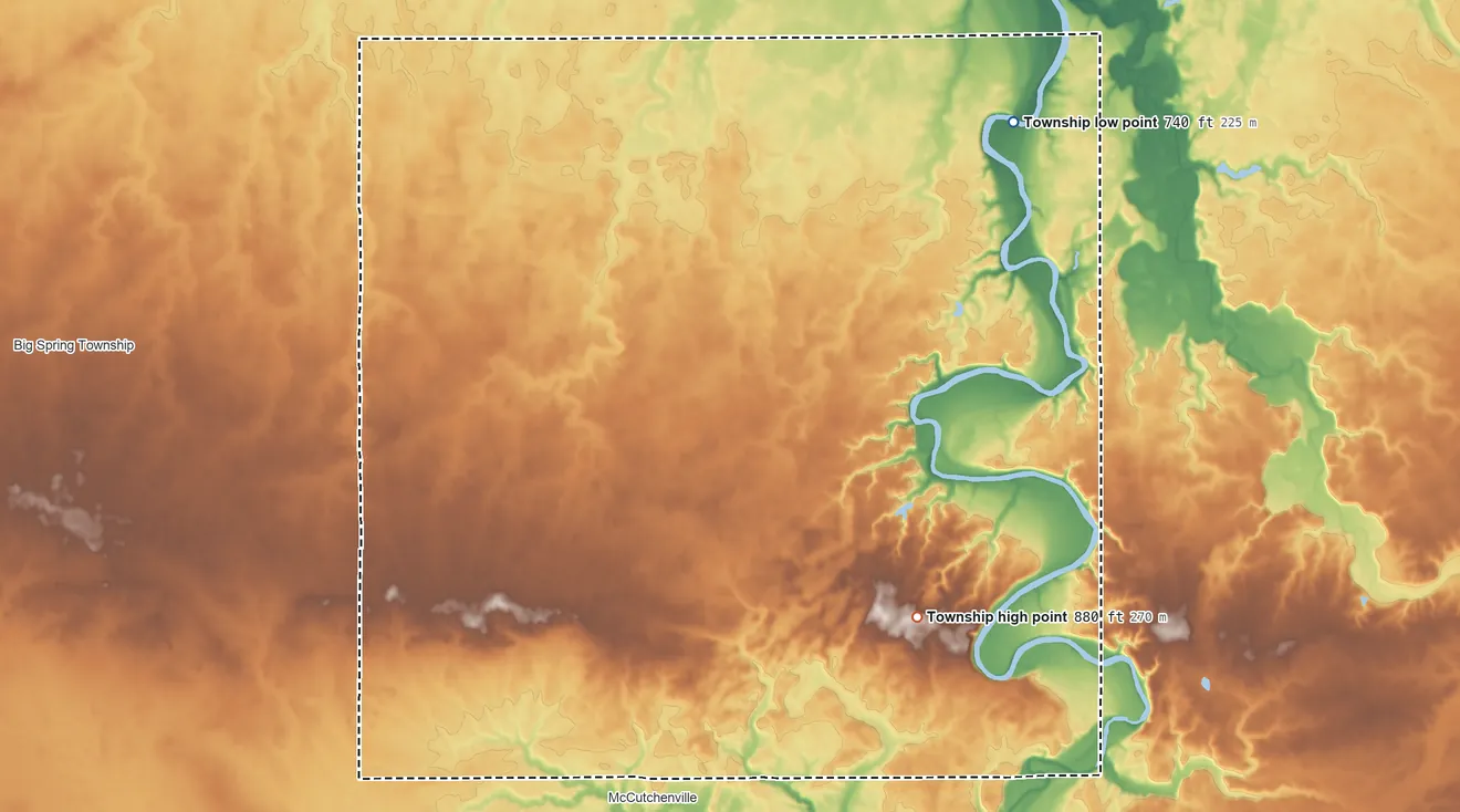 Topographic elevation map of Seneca Township, Ohio, shaded from 740 ft on the northeast side to 880 ft on the southeast side