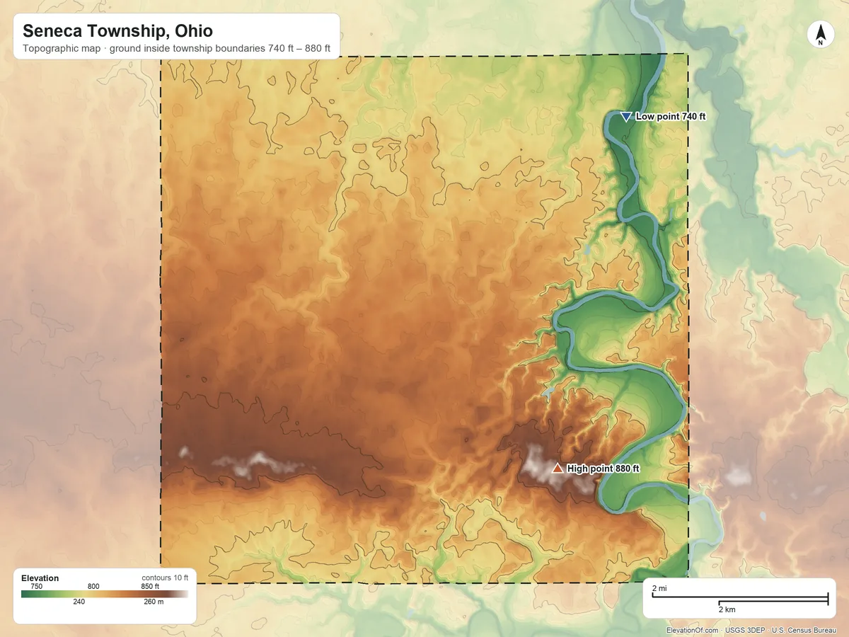 Topographic elevation map of Seneca Township, Ohio, shaded from 740 ft on the northeast side to 880 ft on the southeast side