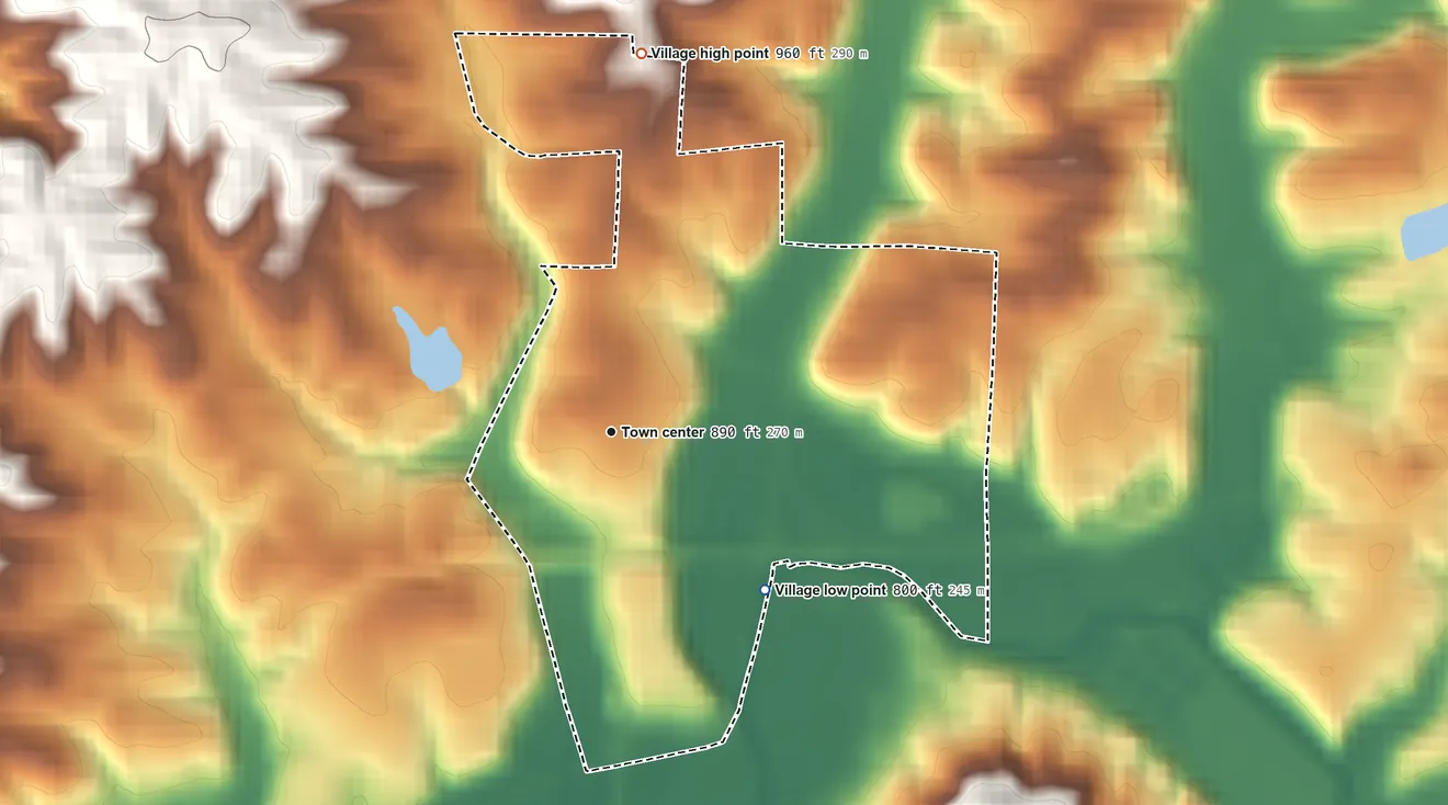 Topographic elevation map of Senecaville, Ohio, shaded from 800 ft on the southeast side to 960 ft on the north side