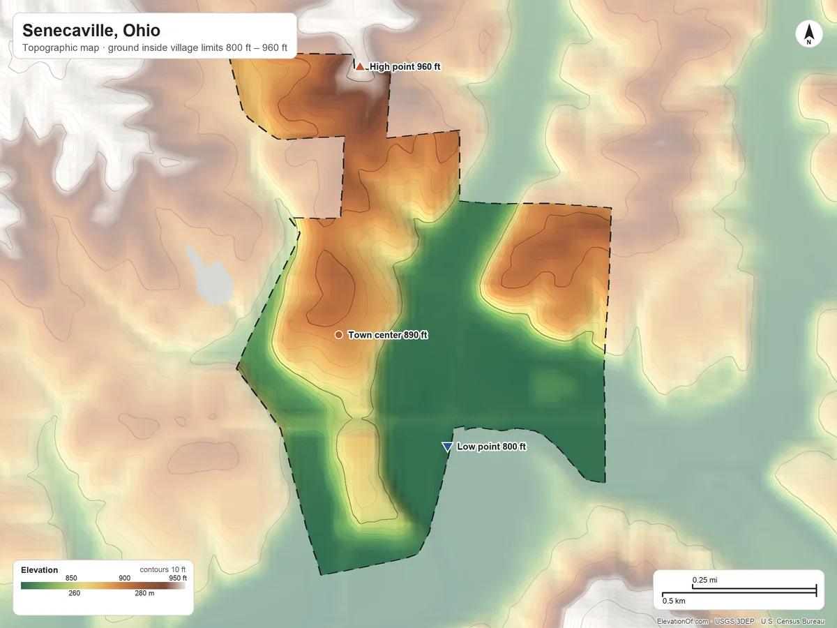 Topographic elevation map of Senecaville, Ohio, shaded from 800 ft on the southeast side to 960 ft on the north side