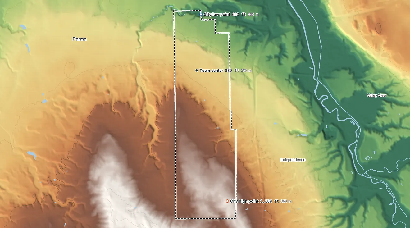 Topographic elevation map of Seven Hills, Ohio, shaded from 660 ft on the north side to 1,180 ft on the south side
