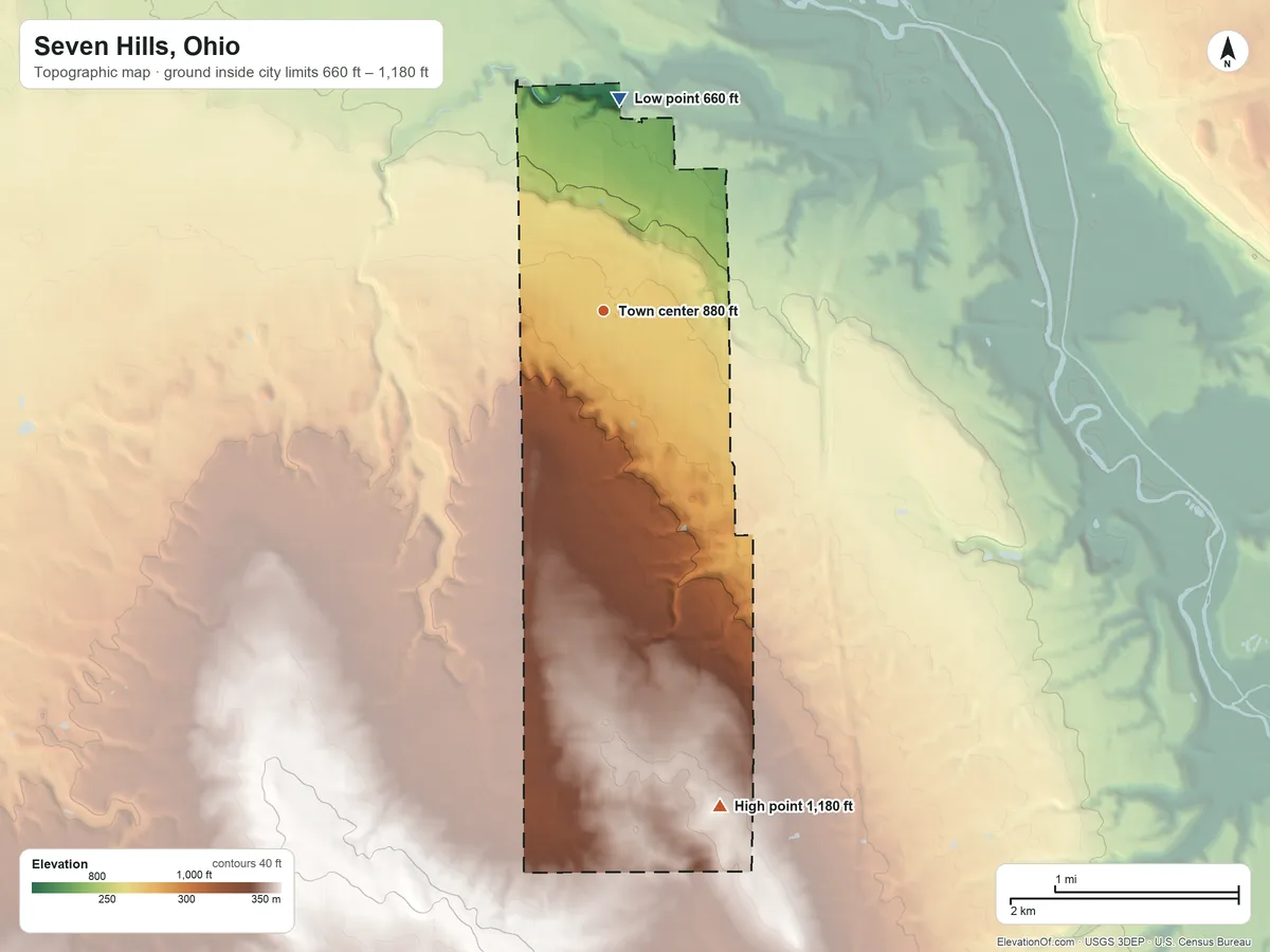 Topographic elevation map of Seven Hills, Ohio, shaded from 660 ft on the north side to 1,180 ft on the south side
