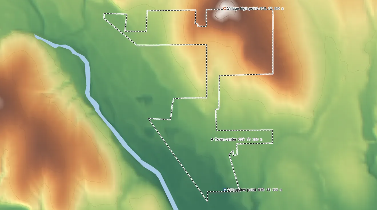 Topographic elevation map of Seven Mile, Ohio, shaded from 630 ft on the south side to 810 ft on the north side