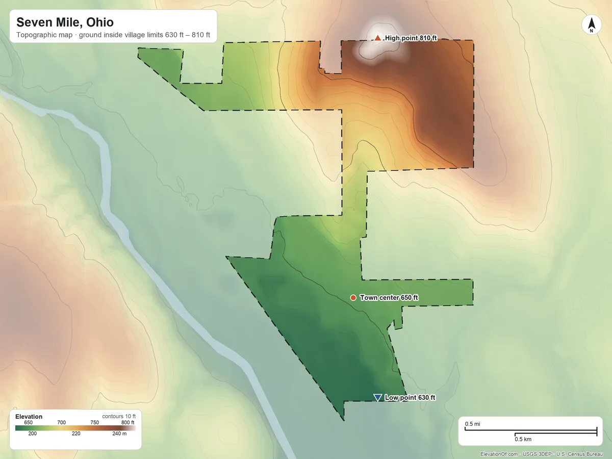 Topographic elevation map of Seven Mile, Ohio, shaded from 630 ft on the south side to 810 ft on the north side