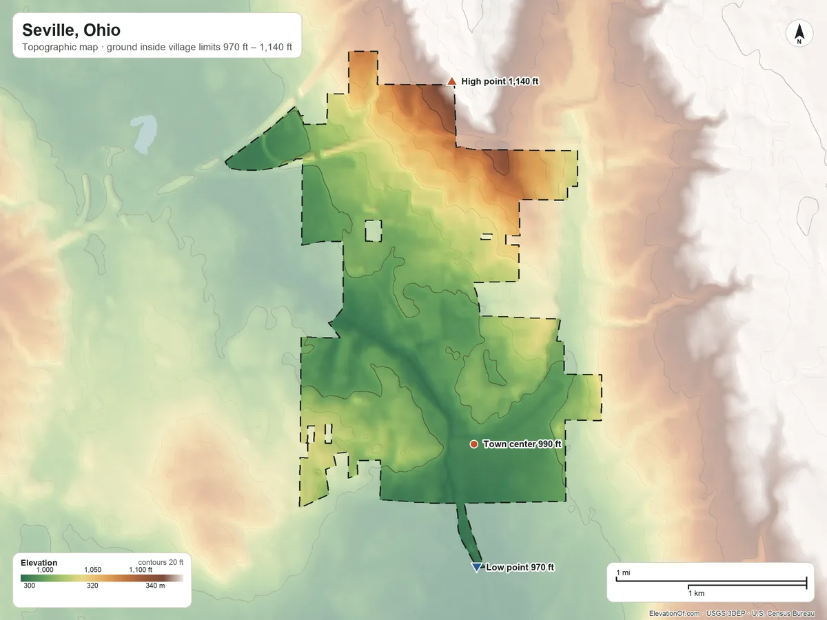 Topographic elevation map of Seville, Ohio, shaded from 970 ft on the south side to 1,140 ft on the north side