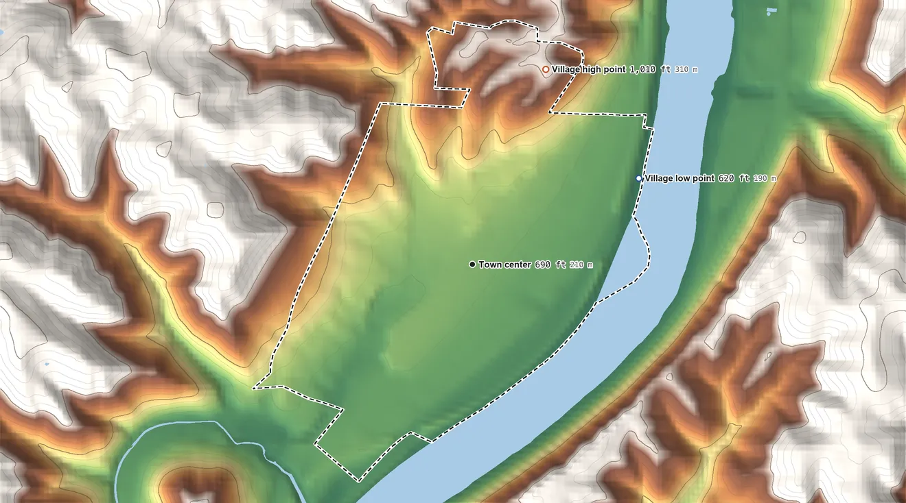 Topographic elevation map of Shadyside, Ohio, shaded from 620 ft on the northeast side to 1,010 ft on the north side