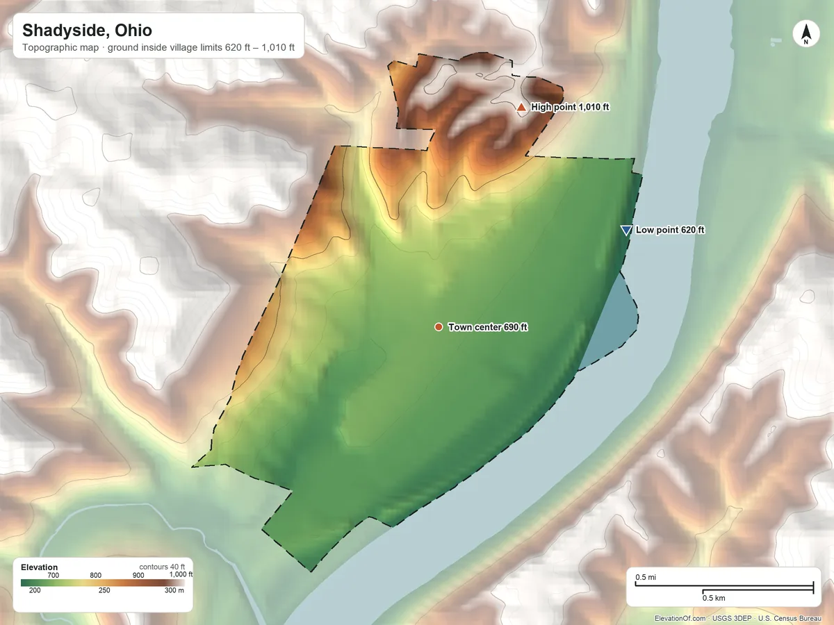 Topographic elevation map of Shadyside, Ohio, shaded from 620 ft on the northeast side to 1,010 ft on the north side