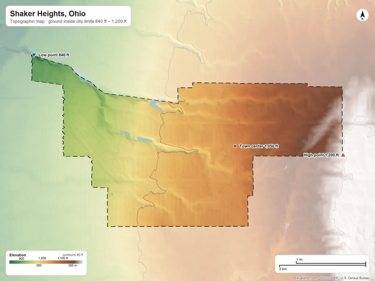 Topographic elevation map of Shaker Heights, Ohio, shaded from 840 ft on the northwest side to 1,200 ft on the east side