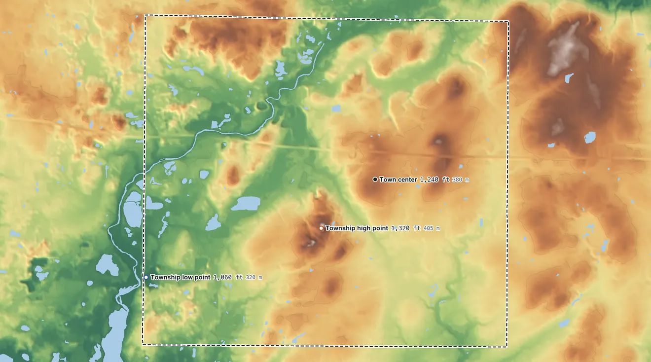 Topographic elevation map of Shalersville Township, Ohio, shaded from 1,060 ft on the southwest side to 1,320 ft on the southwest side