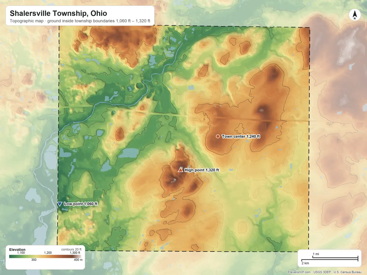 Topographic elevation map of Shalersville Township, Ohio, shaded from 1,060 ft on the southwest side to 1,320 ft on the southwest side