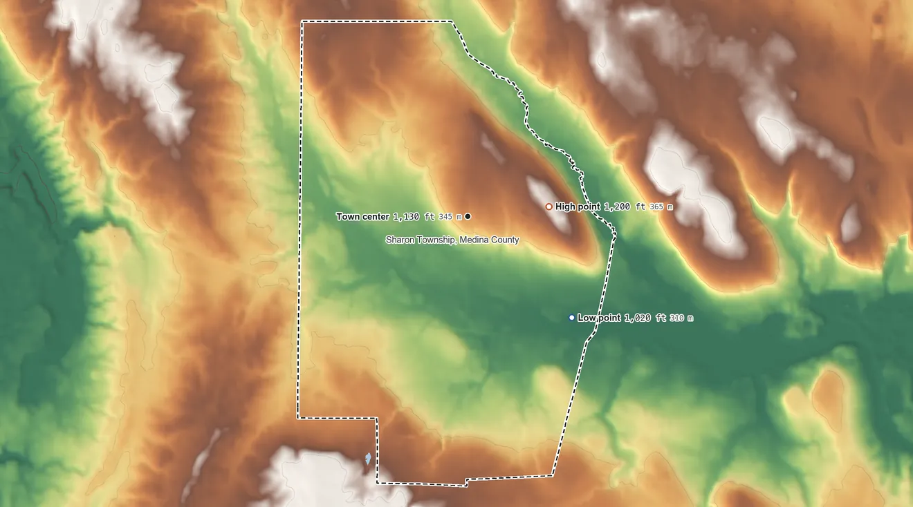 Topographic elevation map of Sharon Center, Ohio, shaded from 1,020 ft on the southeast side to 1,200 ft on the east side