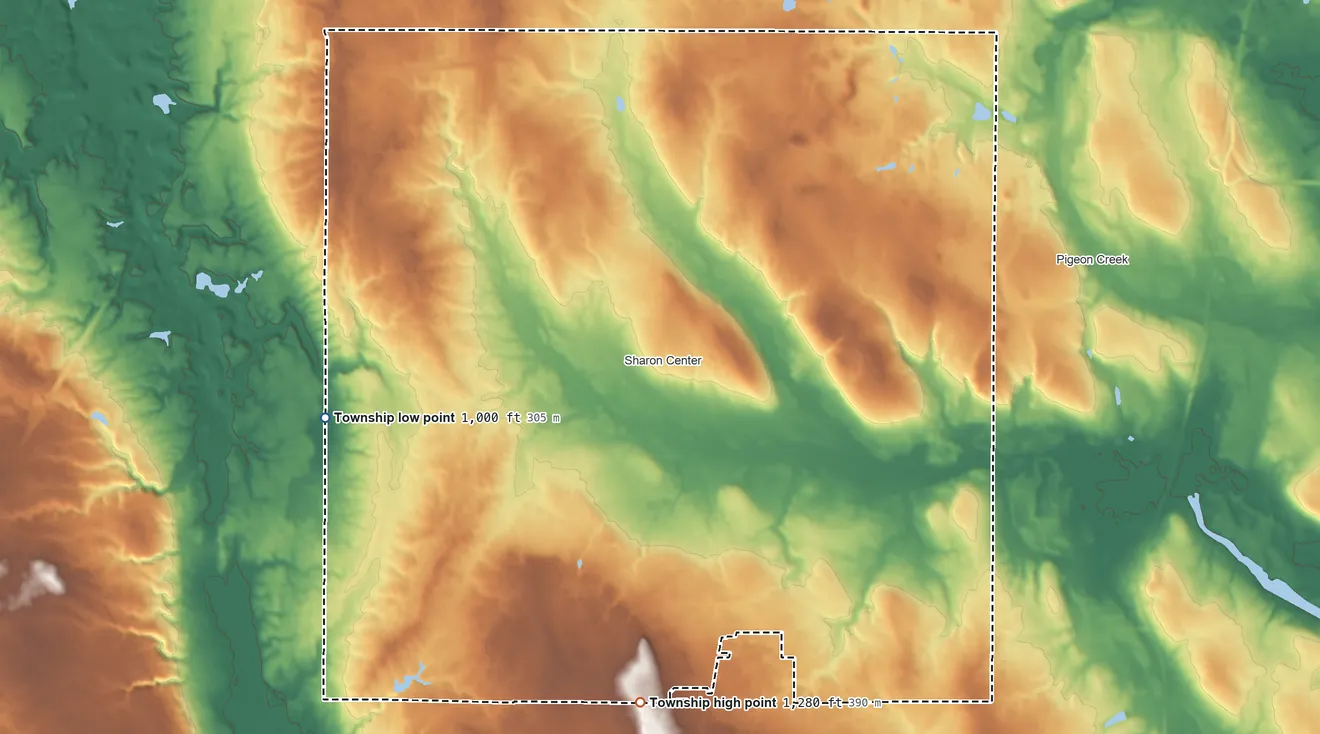 Topographic elevation map of Sharon Township, Medina County, Ohio, shaded from 1,000 ft on the west side to 1,280 ft on the south side