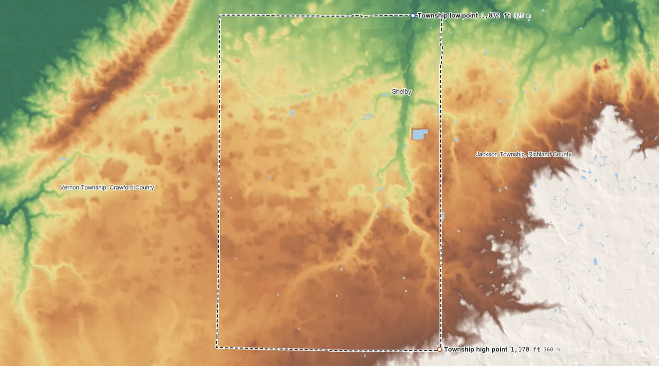 Topographic elevation map of Sharon Township, Richland County, Ohio, shaded from 1,070 ft on the north side to 1,170 ft on the south side
