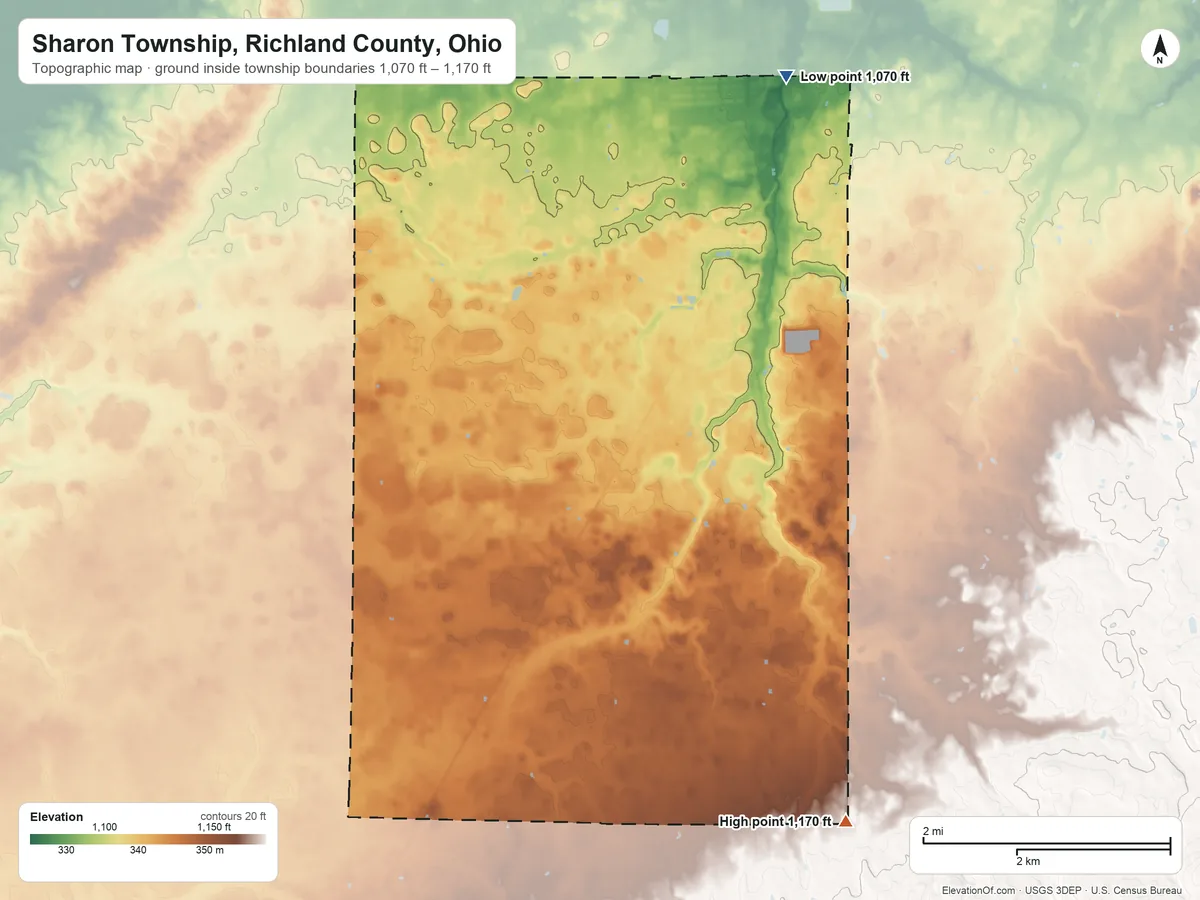 Topographic elevation map of Sharon Township, Richland County, Ohio, shaded from 1,070 ft on the north side to 1,170 ft on the south side
