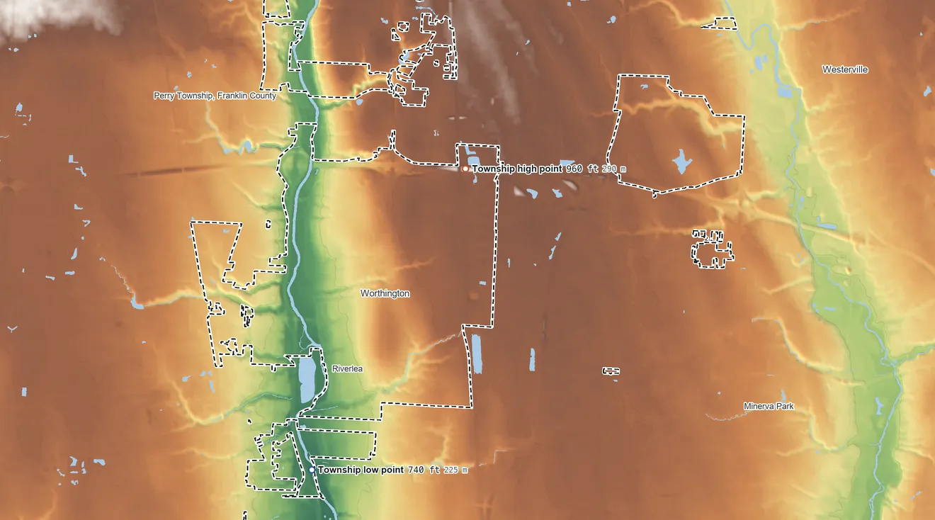 Topographic elevation map of Sharon Township, Ohio, shaded from 740 ft on the south side to 960 ft on the northeast side