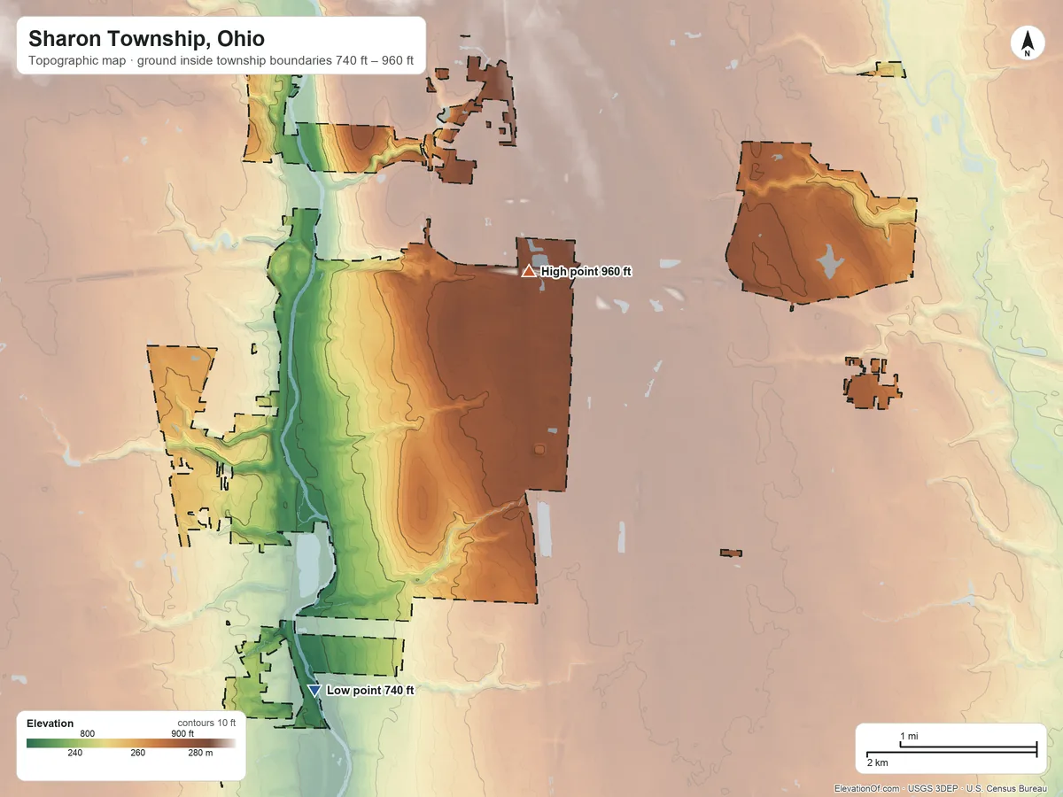 Topographic elevation map of Sharon Township, Ohio, shaded from 740 ft on the south side to 960 ft on the northeast side