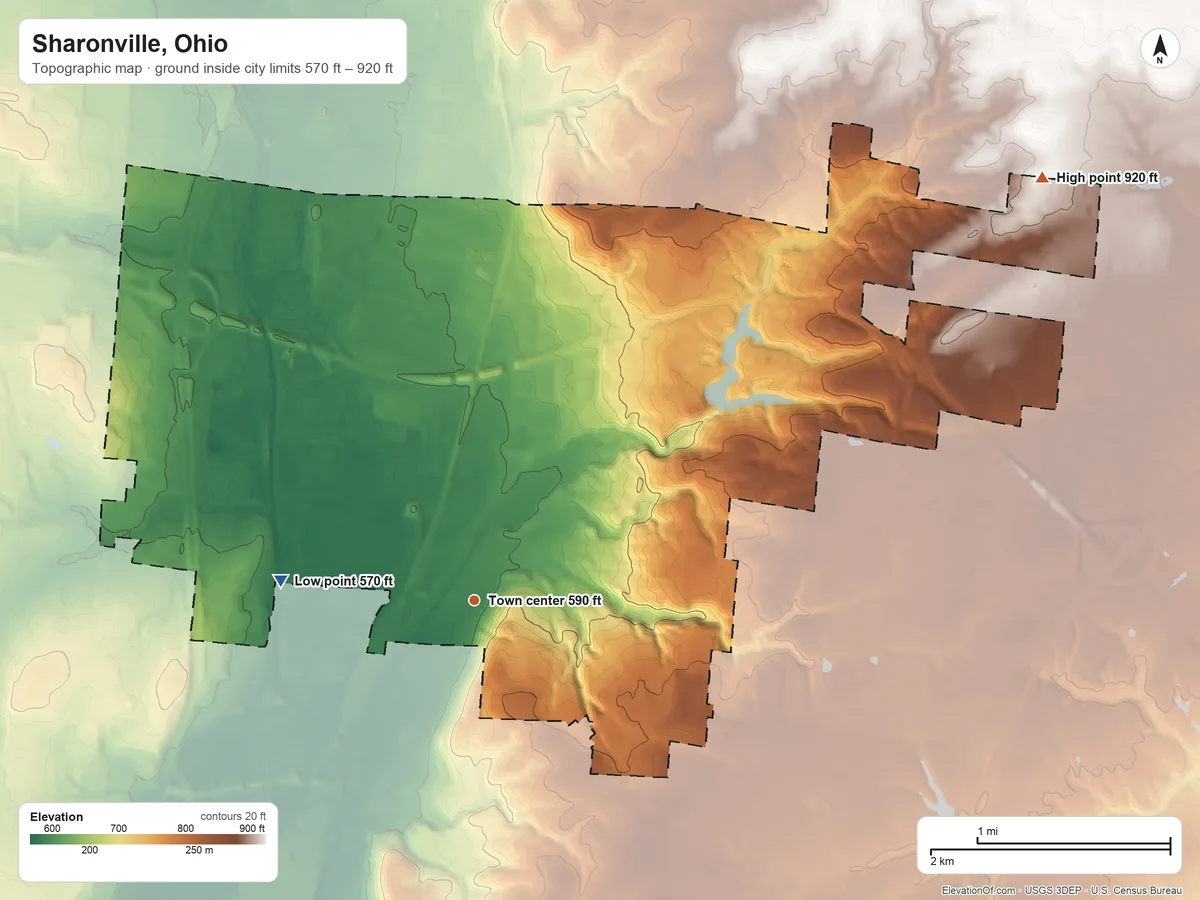 Topographic elevation map of Sharonville, Ohio, shaded from 570 ft on the west side to 920 ft on the northeast side