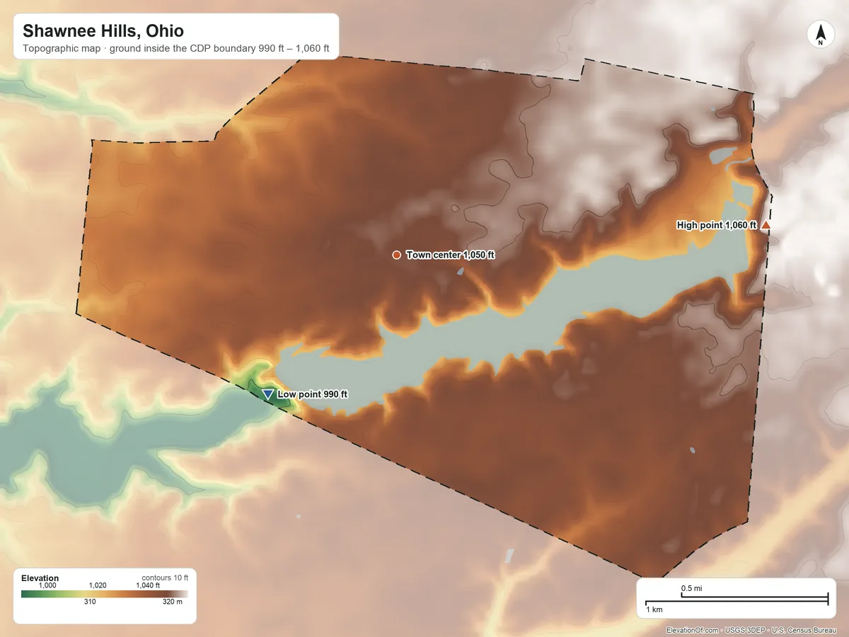 Topographic elevation map of Shawnee Hills, Ohio, shaded from 990 ft on the southwest side to 1,060 ft on the east side